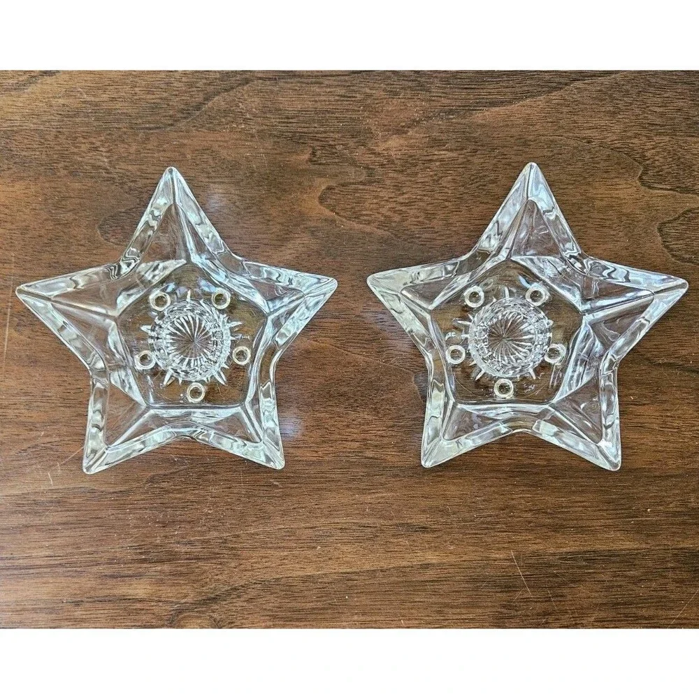 Vintage Clear Glass Star Candle Holders Set of 2 Taper Holders